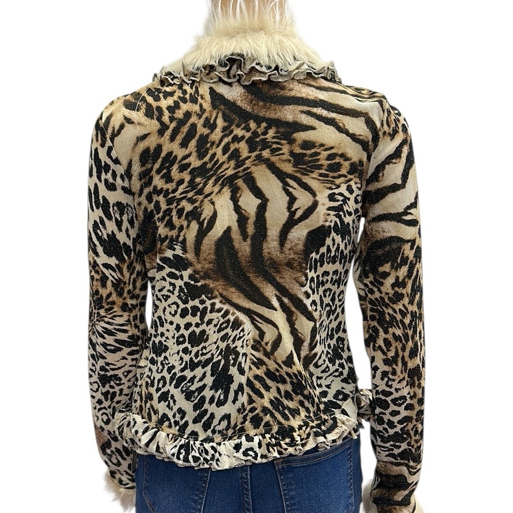 Leopard Print Faux Fur Long Sleeve Tie Front Ruffle Lightweight Cardigan Top M - Picture 9 of 15